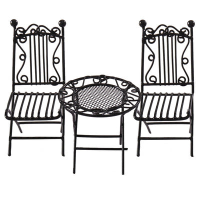 1:12 Scale Miniature Wrought Iron Bistro Set - Dollhouse Garden Patio Table & 2 Chairs