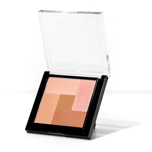 A compact powder blush and bronzer mosaic powder Dessert Rose in a black case with individual pans showcasing different shades of pink and brown.