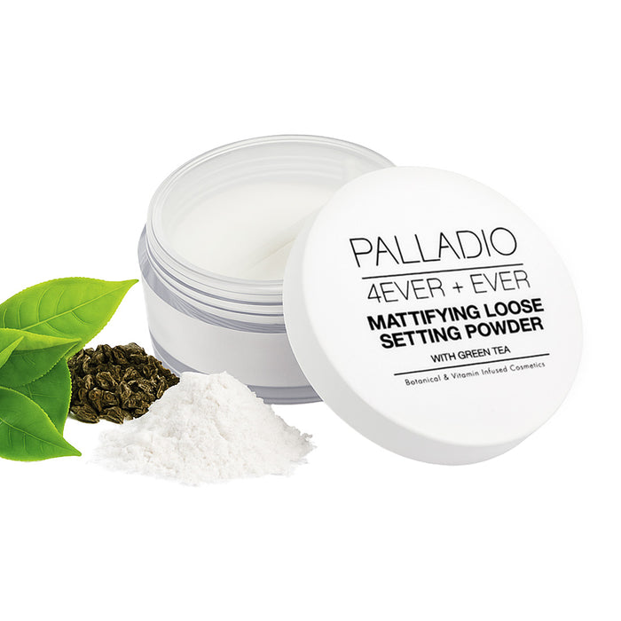 Palladio 4Ever + Ever Mattifying Loose Setting Powder with Green Tea, open jar showing white translucent powder with green tea leaves and loose powder on white background
