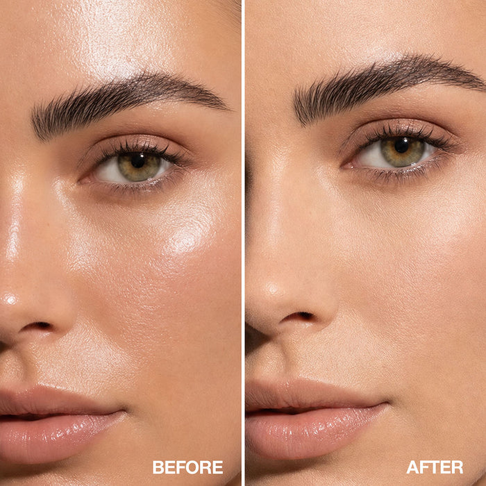 before and after model image showing the effects of Palladio's Translucent Loose Setting Powder