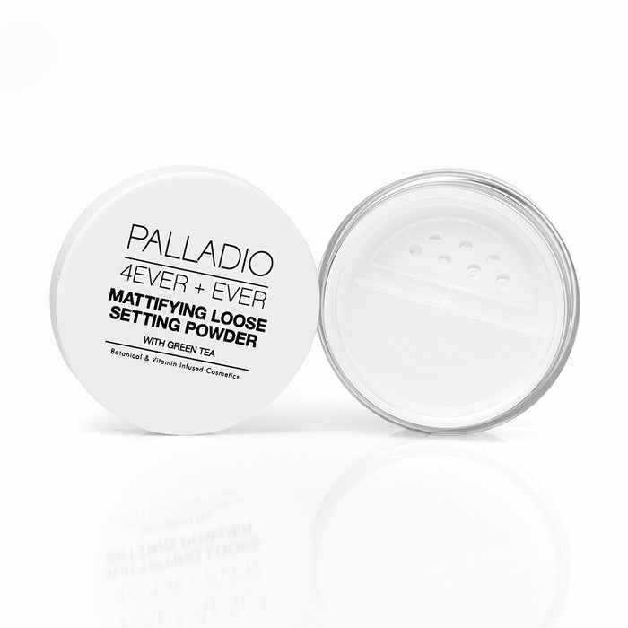 Palladio 4Ever + Ever Mattifying Loose Setting Powder with Green Tea, open jar showing sifter lid and powder compartment on white backgroundPalladio 4Ever + Ever Mattifying Loose Setting Powder with Green Tea, open jar showing sifter lid and powder compartment on white background