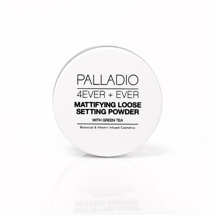Palladio 4Ever + Ever Mattifying Loose Setting Powder with Green Tea, closed jar front view on white backgroundPalladio 4Ever + Ever Mattifying Loose Setting Powder with Green Tea, closed jar front view on white background