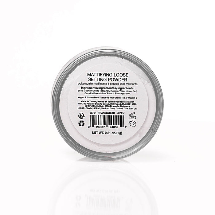 Palladio 4Ever + Ever Mattifying Loose Setting Powder with Green Tea, closed jar front view on white background