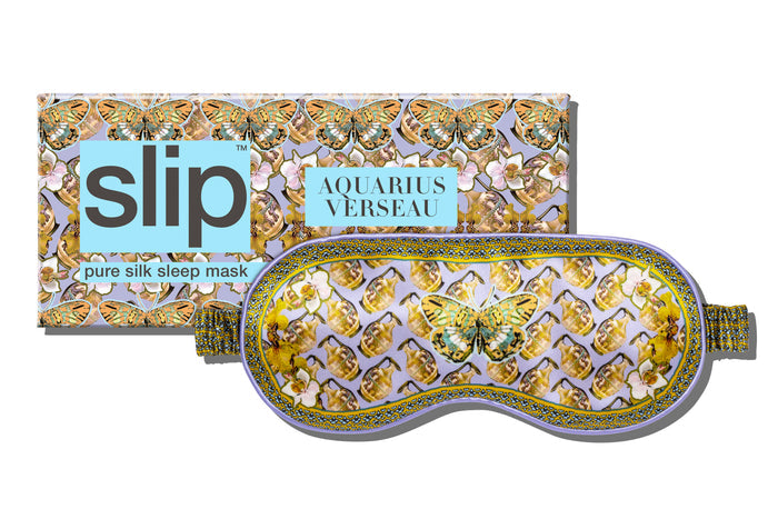 Packaging and silk sleep mask with an astrological design, predominantly featuring gold and purple colors, with the text 'AQUARIUS' and the Slip brand logo.