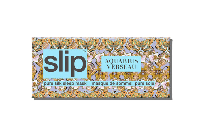 A colorful slip silk sleep mask packaging box with a zodiac Aquarius design, featuring gold and purple tones.