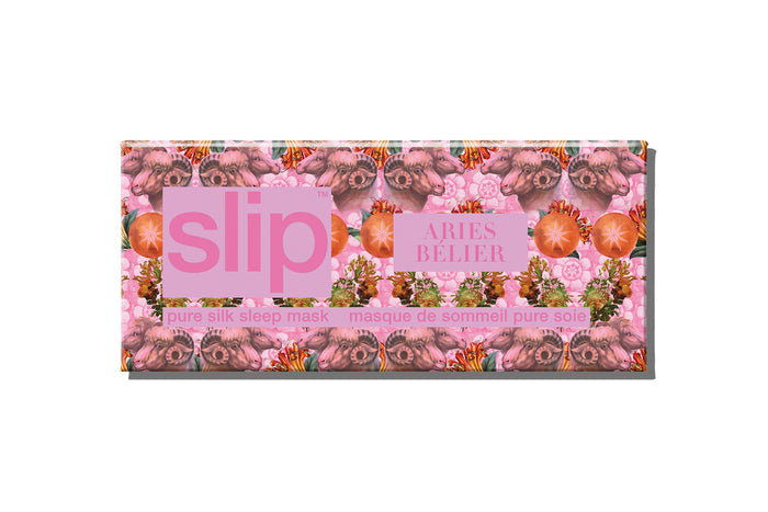 A colorful slip silk sleep mask packaging box with a zodiac Aries design, featuring pink, orange and green tones.