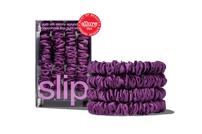 Set of purple skinny scrunchies from the "Back to School" collection with Slip packaging on a white background
