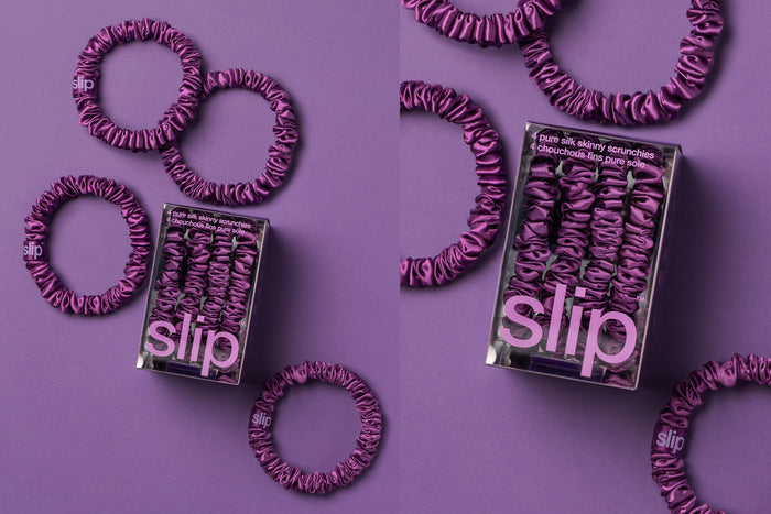 purple silk scrunchies and purple slip packaging on a purple background