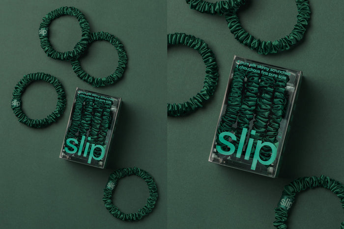 forest green silk scrunchies and forest green slip packaging on a green background