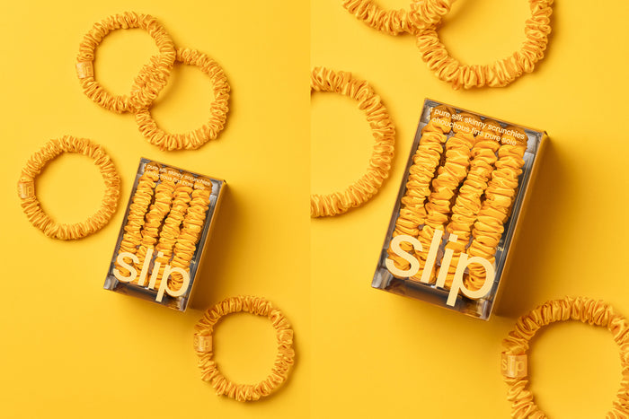 yellow silk scrunchies and yellow slip packaging on a red background