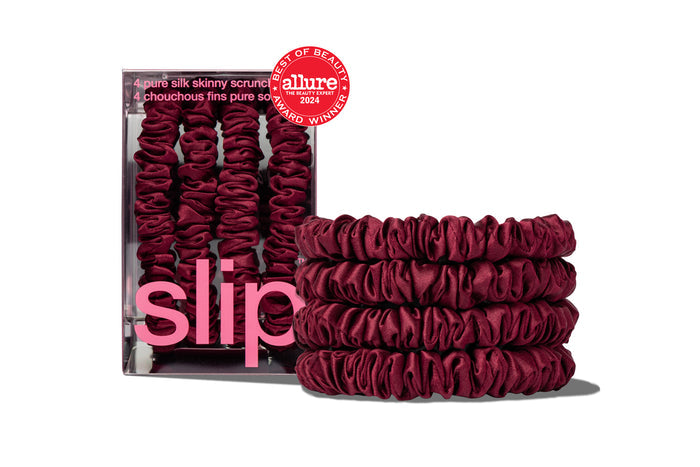 Set of maroon skinny scrunchies from the "Back to School" collection with Slip packaging on a white background.