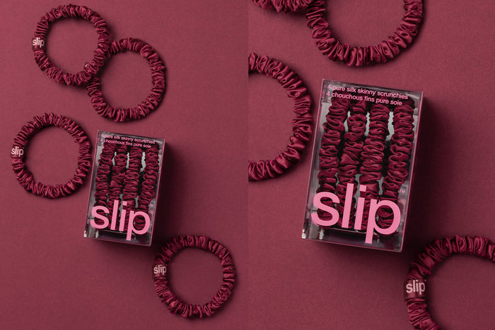 Maroon slip skinny scrunchies and packaging on a maroon background
