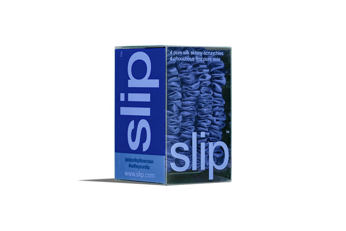 Box of slip skinny scrunchies with blue packaging on a white background