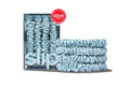 A set of four sky blue silk skinny scrunchies displayed in a box with a allure award badge on a white background