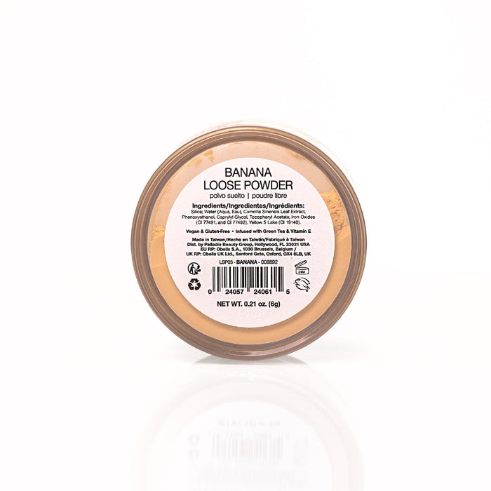 Back view of the closed Palladio Banana Loose Setting Powder container showing the product label.
