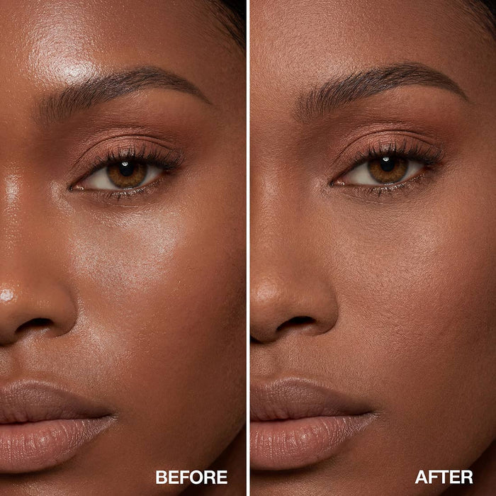 Before-and-after comparison showing the brightening effect of Palladio Banana Loose Setting Powder.