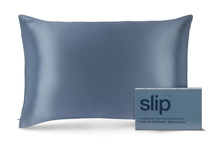 A bay blue slip silk queen pillowcase with branded packaging on a white background.