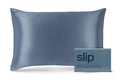 A bay blue slip silk queen pillowcase with branded packaging on a white background.