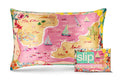 A colorful slip silk pillowcase with a beach map graphic print, with matching packaging on a white background.