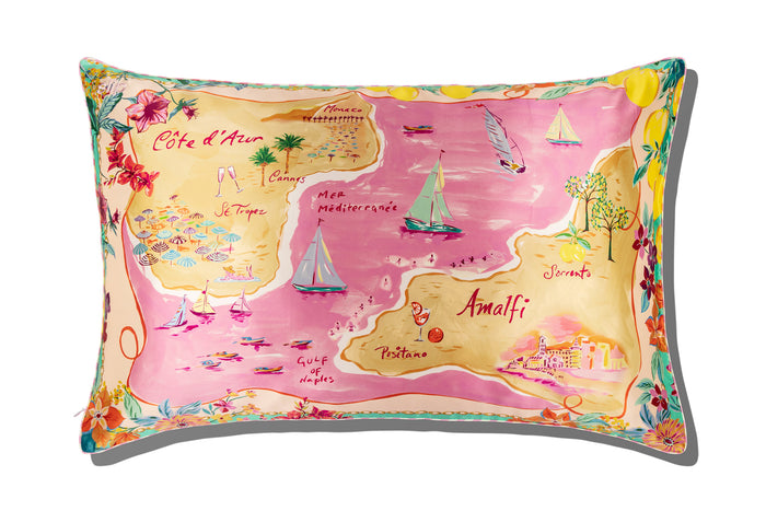 A colorful slip silk pillowcase with a beach map graphic print on white background.