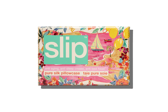Colorful slip silk pillowcase packaging with a beach map graphic print on a white background.