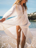 Beach Sexy Tied-Collar Long Sleeve Hem Slit Casual Dress