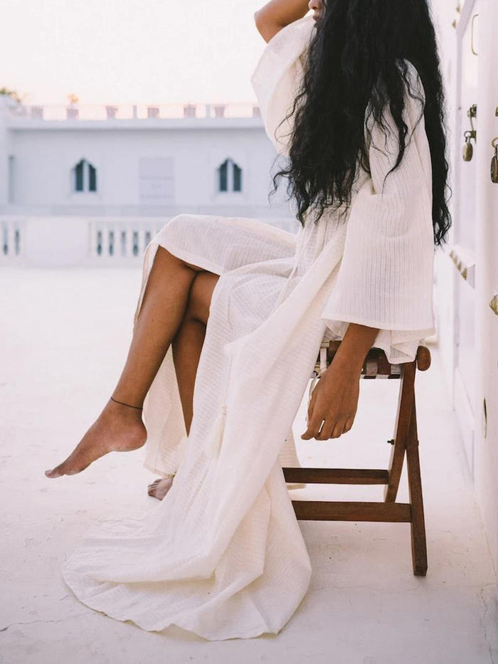 Beach Sexy Tied-Collar Long Sleeve Hem Slit Casual Dress