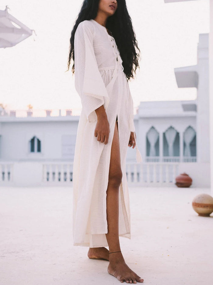 Beach Sexy Tied-Collar Long Sleeve Hem Slit Casual Dress