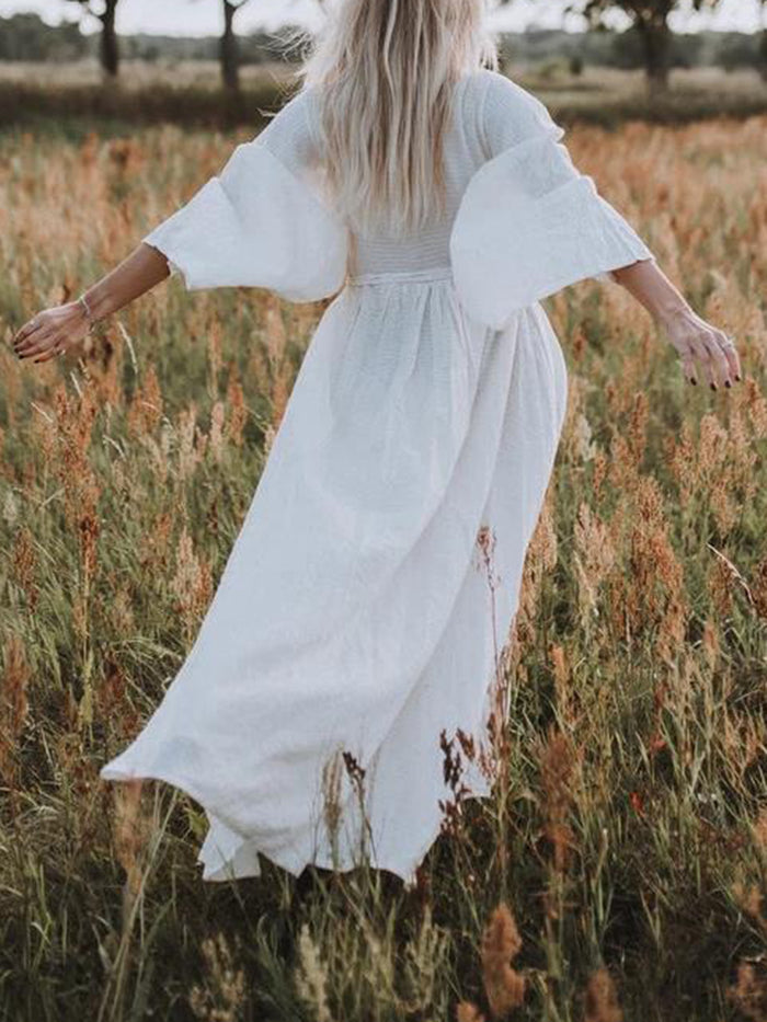 Beach Sexy Tied-Collar Long Sleeve Hem Slit Casual Dress