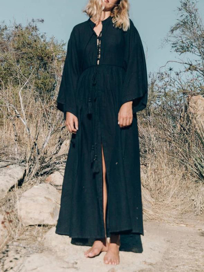 Beach Sexy Tied-Collar Long Sleeve Hem Slit Casual Dress