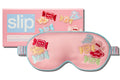 Pink sleep mask with candy-themed embroidery design and 'slip' packaging