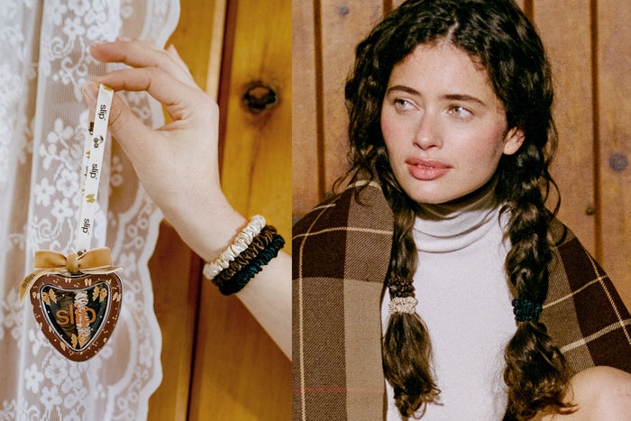 A split-screen lifestyle image showing a person with dark braided hair wearing brown, blonde and black skinny scrunchies, alongside a close-up of a hand holding a heart-shaped ornament with a white printed ribbon.