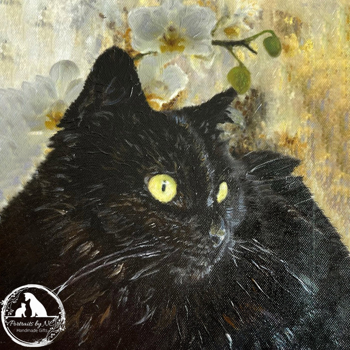 Black Cat with Orchids – Commissioned Oil Portrait