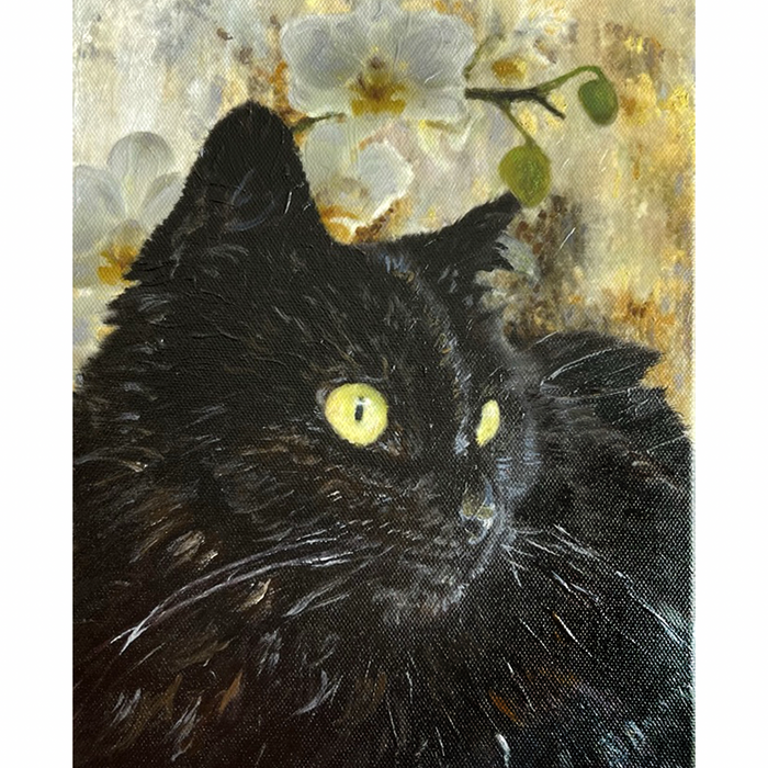 Black Cat with Orchids – Commissioned Oil Portrait