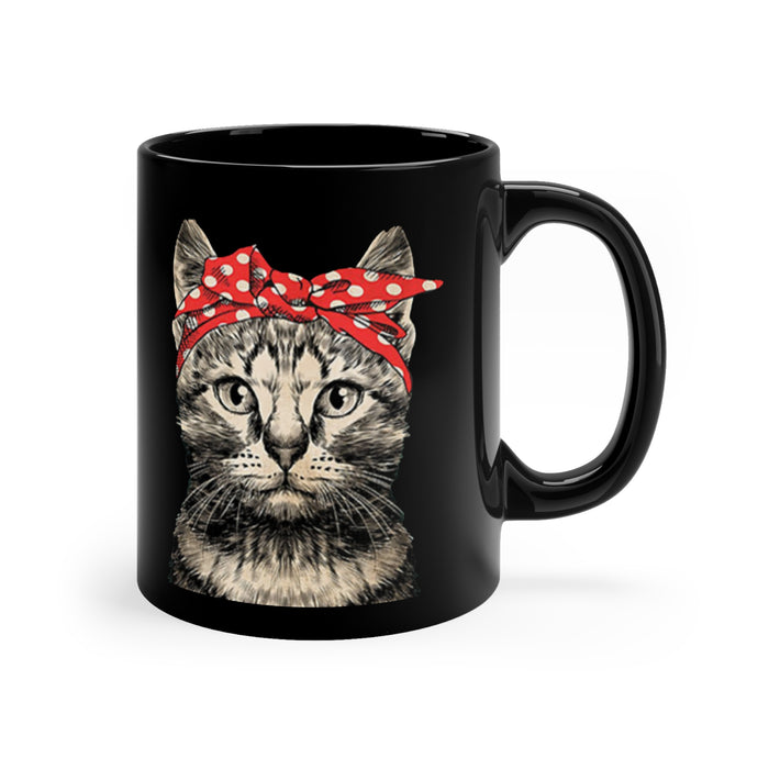 Black Coffee Mug with Cat Design, 11oz