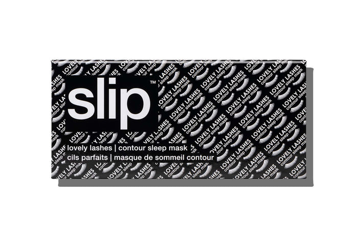 A black slip silk contour sleep mask packaging box on white background. Designed to protect delicate eyelash extensions.