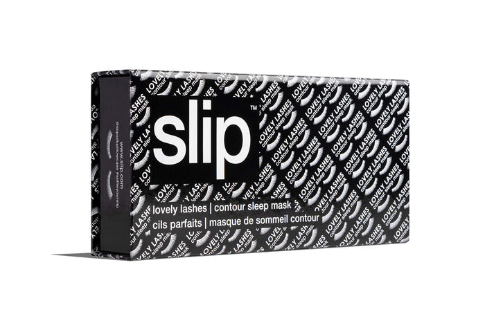 A black slip silk contour sleep mask packaging box on white background. Designed to protect delicate eyelash extensions.