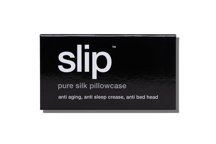 A black slip silk king pillowcase branded packaging on a white background.
