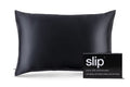 A black slip silk queen pillowcase with branded packaging on a white background.