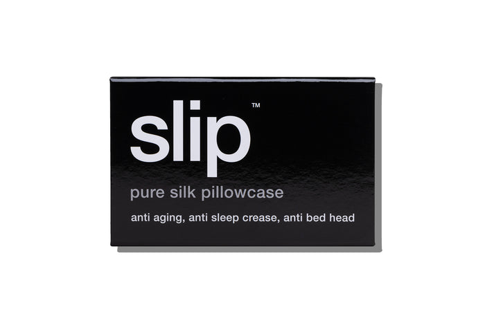 A black slip silk queen pillowcase branded box on a white background.