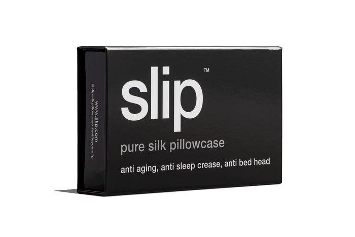 A black slip silk queen pillowcase branded box on a white background.