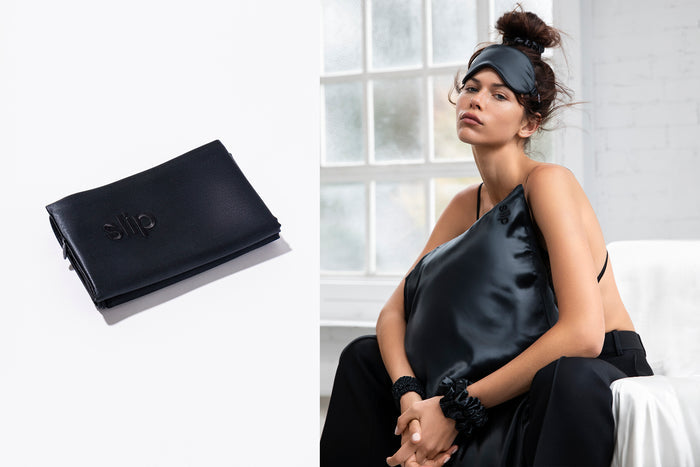 Flatlay of folded black slip silk queen pillowcase on a white background. Woman sitting holding a black slip silk queen pillowcase and wearing black slip scrunchies and sleep mask.