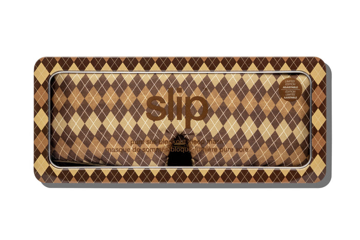 Slip Blockout Sleep Mask in a rectangular tin with a brown and beige argyle pattern, shown on a white background.