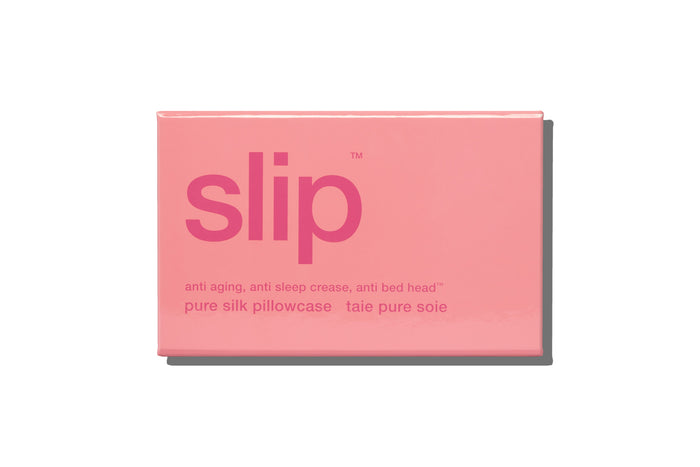 Blush pink queen silk pillowcase packaging on a white background.