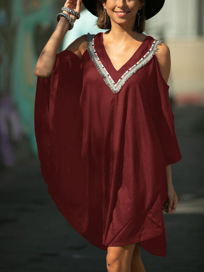 Boho Oversized Fringe Open Shoulder Beach Casual Dress