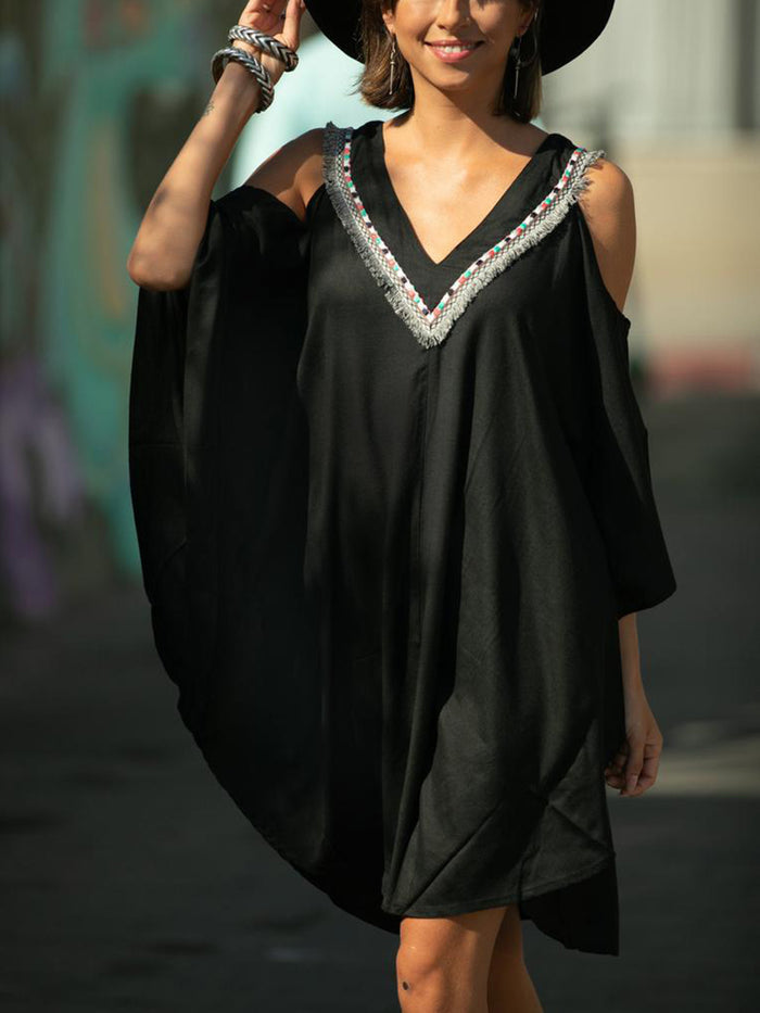 Boho Oversized Fringe Open Shoulder Beach Casual Dress