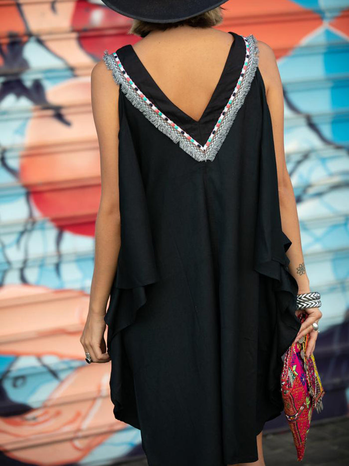 Boho Oversized Fringe Open Shoulder Beach Casual Dress