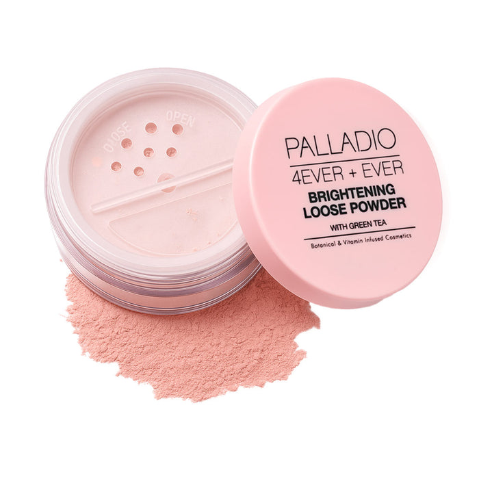 Palladio 4Ever + Ever Brightening Loose Powder with Green Tea, open jar with pink powder swatch on white background