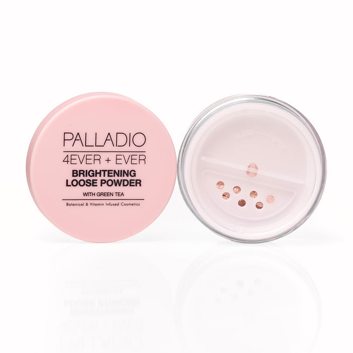 Palladio 4Ever + Ever Brightening Loose Powder with Green Tea, open jar showing sifter lid and powder compartment on white background