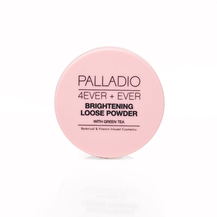 Palladio 4Ever + Ever Brightening Loose Powder with Green Tea, closed jar front view on white background
